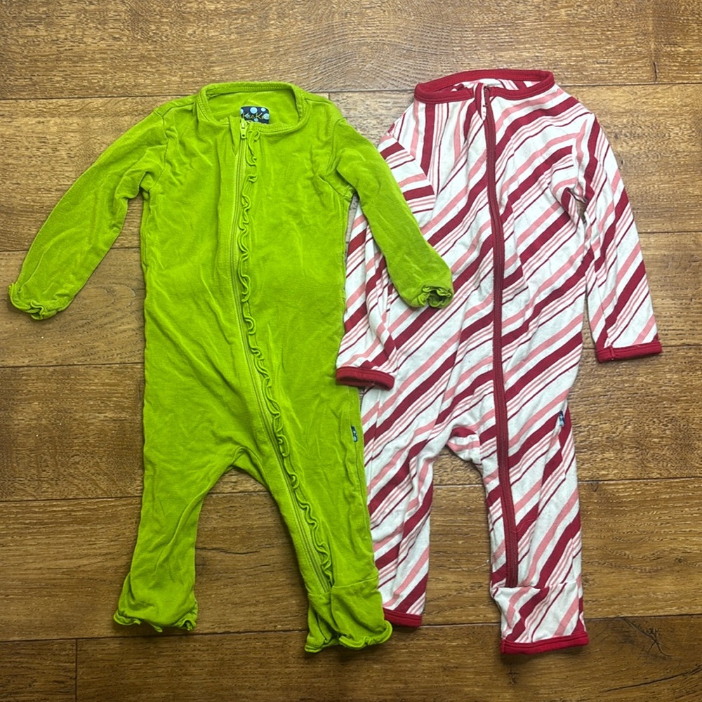 Kickee Pants 0-3mo Girl Bamboo Zippy Sleepers Open Feet Green and Striped Red